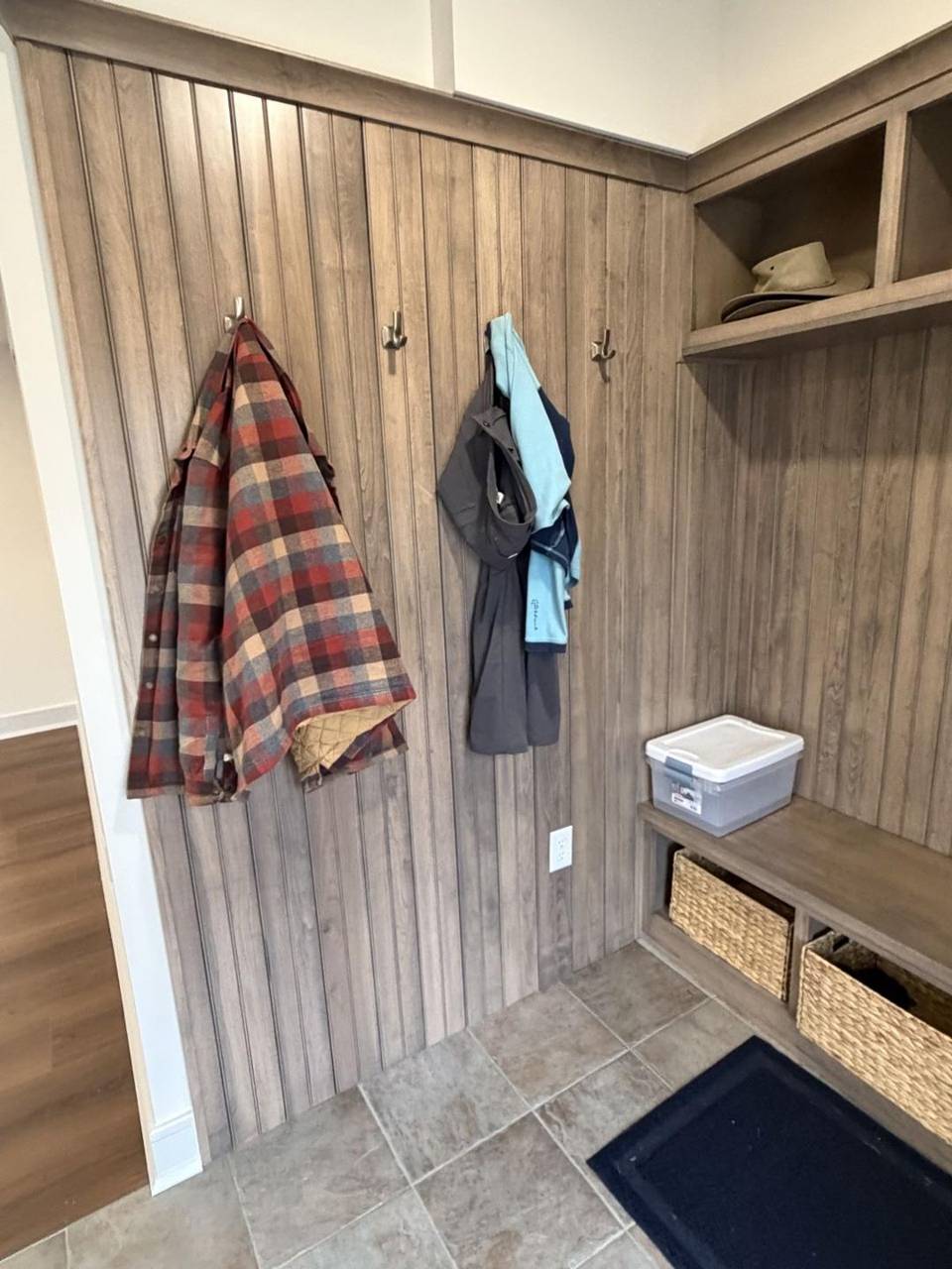 Custom maple beadboard mudroom built-ins